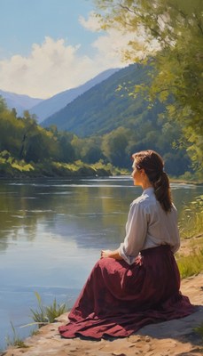 Woman contemplating river valley