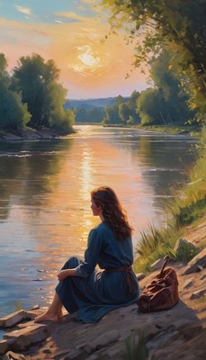 Woman by river at sunset