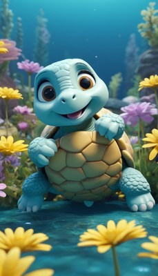Smiling turtle in underwater garden
