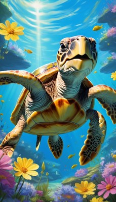 Sea turtle swimming through coral reef