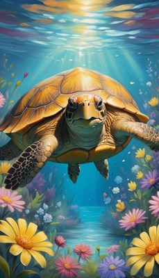 Sea turtle swimming through underwater flowers