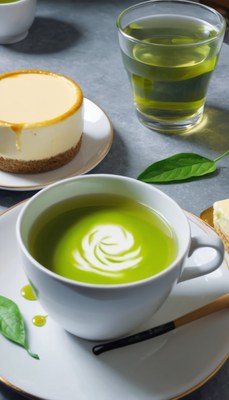 Matcha latte and cheesecake