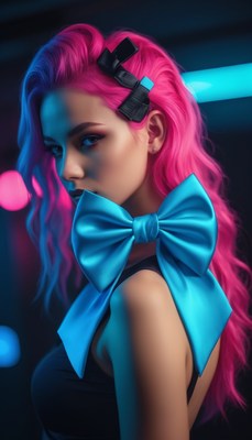 Woman with pink hair and blue bow