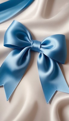 Blue satin bow on white fabric