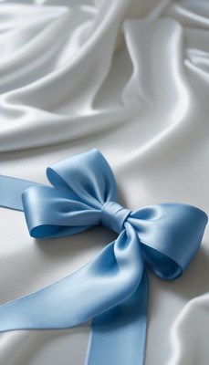 Blue satin bow on white fabric