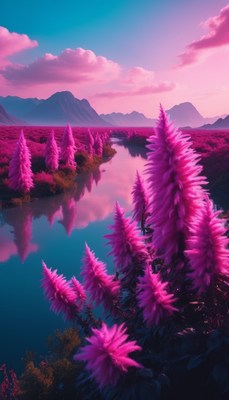 Pink flowers by river at sunset