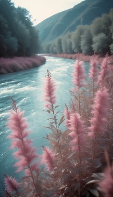 Pink flowers along river