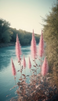 Pink flowers by a river