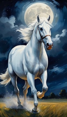 White horse running under full moon