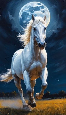 White horse running under full moon