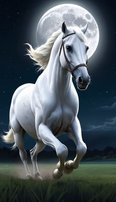 White horse running under full moon