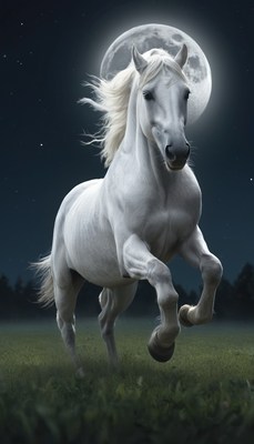 White horse running under moonlight
