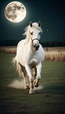 White horse running under full moon