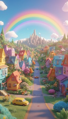 Colorful suburbia under a rainbow