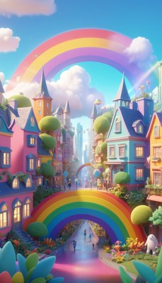 Rainbow bridge in a colorful city