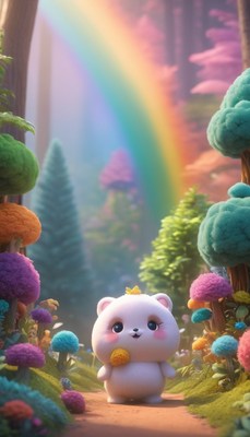 Cute bear under rainbow in forest