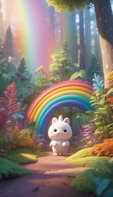 Bunny under rainbow in forest
