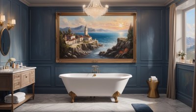 Luxury bathroom with seascape painting