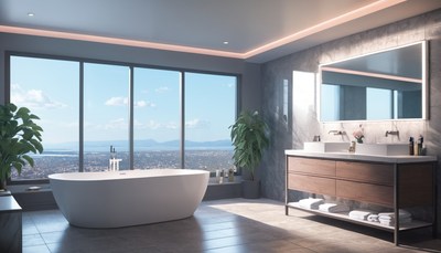 Modern bathroom with city view