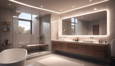 Modern bathroom with large mirror and bathtub