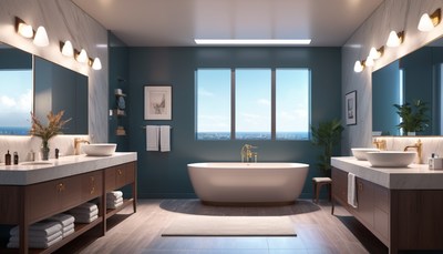 Modern bathroom with freestanding tub and city view
