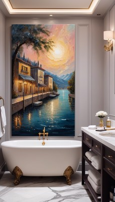 Waterfront sunset painting in modern bathroom