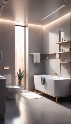 Modern bathroom with bathtub and window view