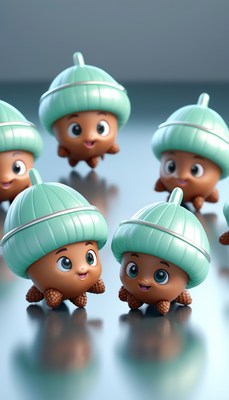 Smiling acorn toys on blue surface