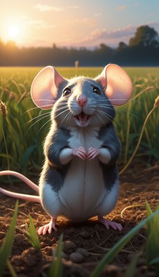 Smiling mouse in field at sunset
