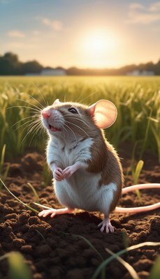Mouse gazing at sunset in field