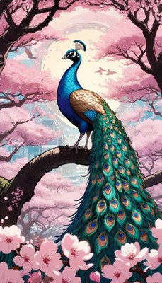 Peacock perched in cherry blossoms