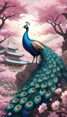 Peacock perched on rock with cherry blossoms