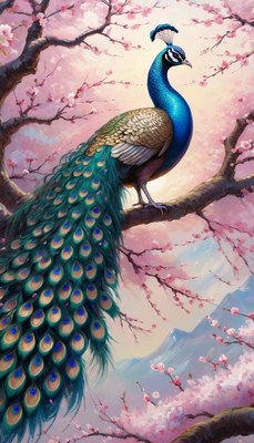Peacock perched in cherry blossom tree
