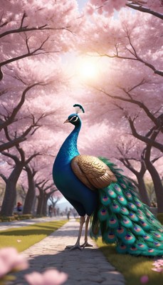 Peacock in cherry blossom alley