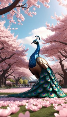 Peacock in a cherry blossom garden