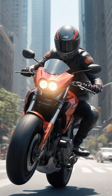 Motorcycle wheelie in city street