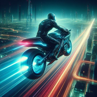 Nighttime motorcycle ride through futuristic city