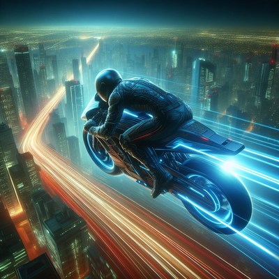 Futuristic motorcycle ride over city
