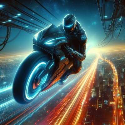 Futuristic motorcyclist racing through city