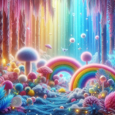 Rainbow forest with fluffy mushrooms