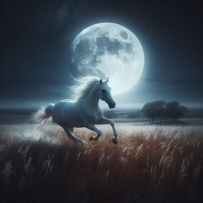 White horse running under full moon