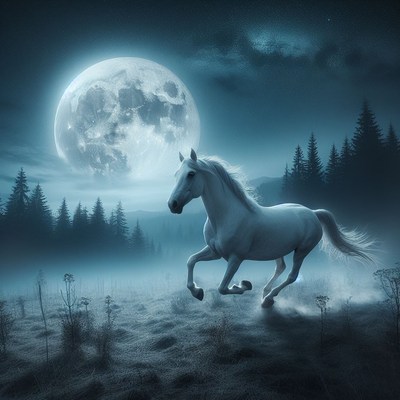 White horse running under full moon