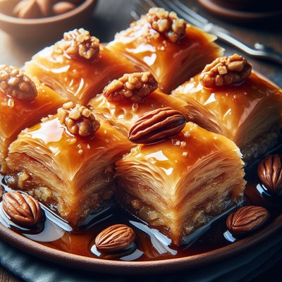 Caramel baklava with pecans and almonds