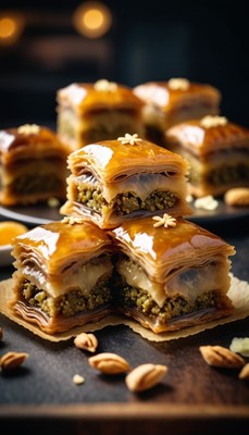 Glazed baklava with nuts and syrup