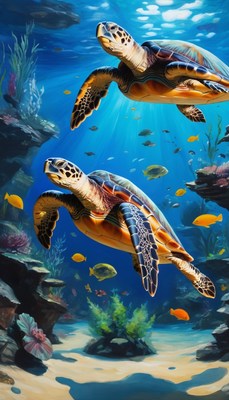 Two sea turtles swimming in coral reef