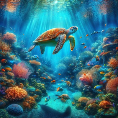 Sea turtle swimming in coral reef