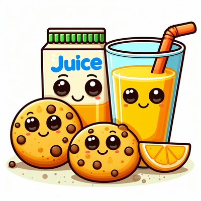 Cute cartoon juice, cookies, and orange