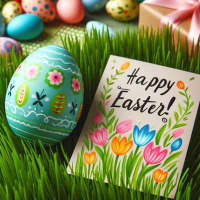 Easter egg and card in grass