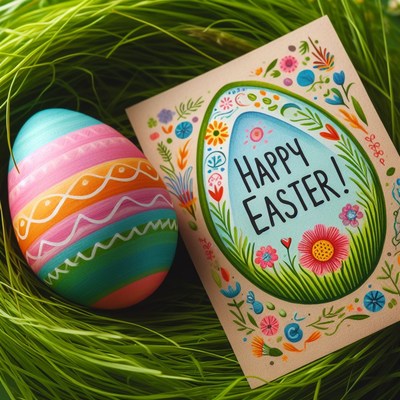 Painted easter egg in grass with card