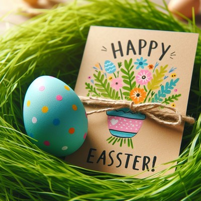 Easter egg and card in grass